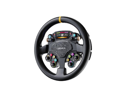 Close up of the Moza Racing branding on the CS Pro steering wheel