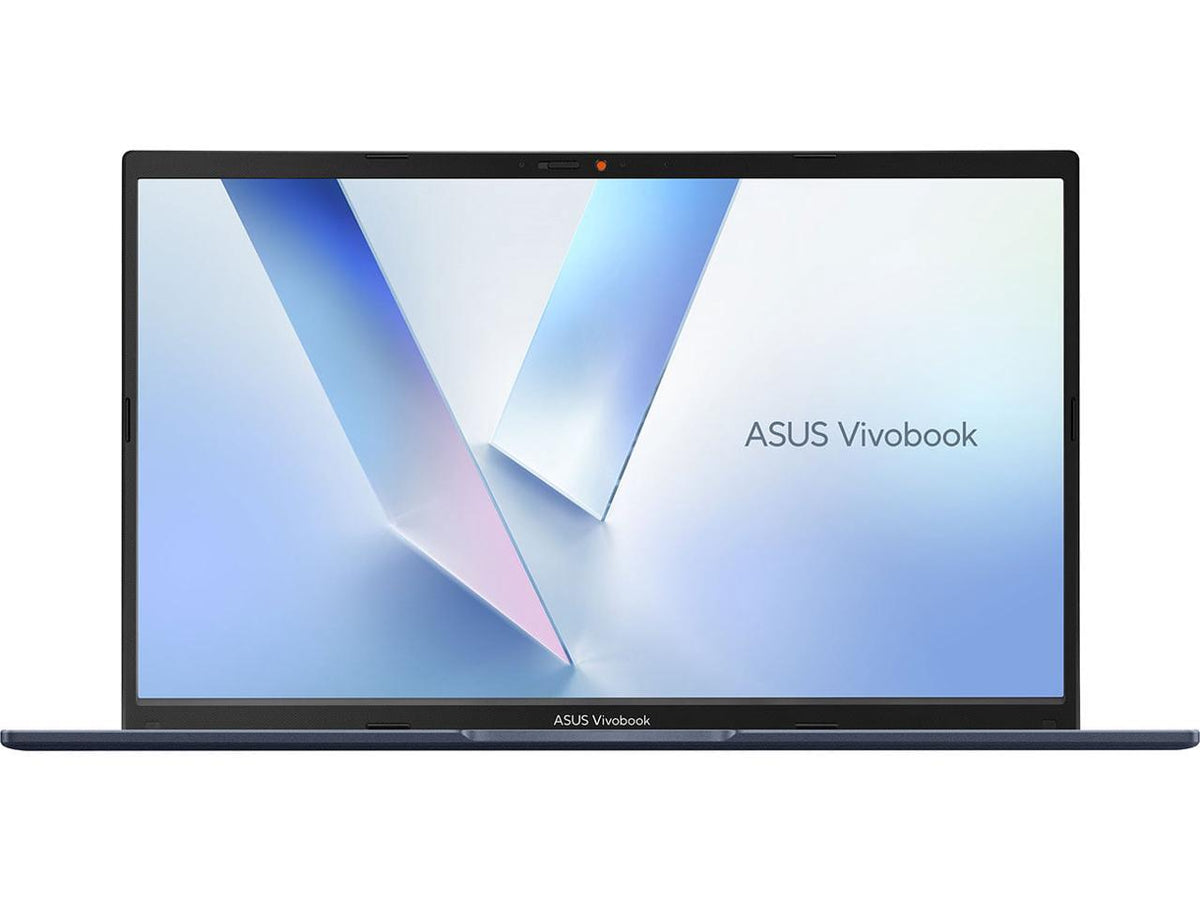 ASUS Vivobook 15 Quiet Blue closed lid and side-angle view showing thin profile, hinge and ports (USB/HDMI)