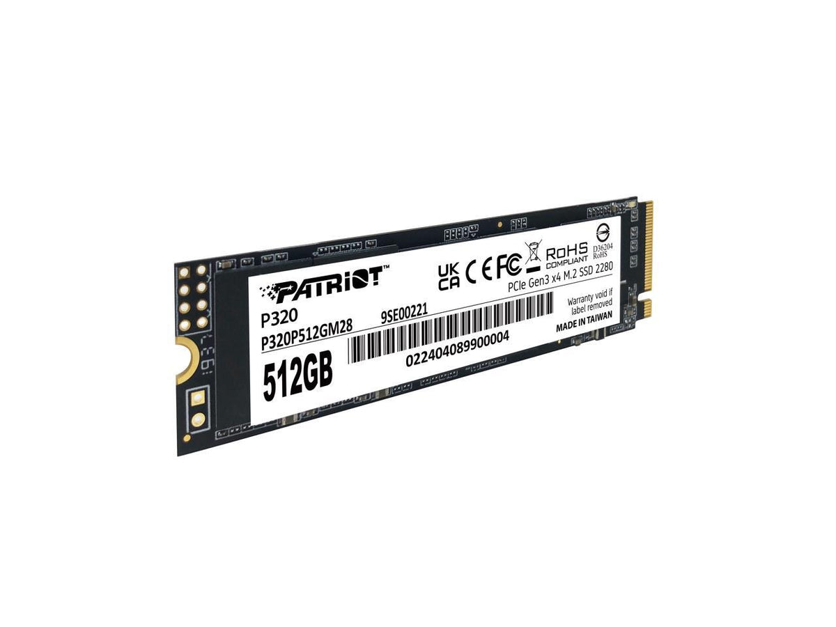 Rear side of Patriot P320 512GB M.2 NVMe SSD showing NAND memory chips and controller on PCB