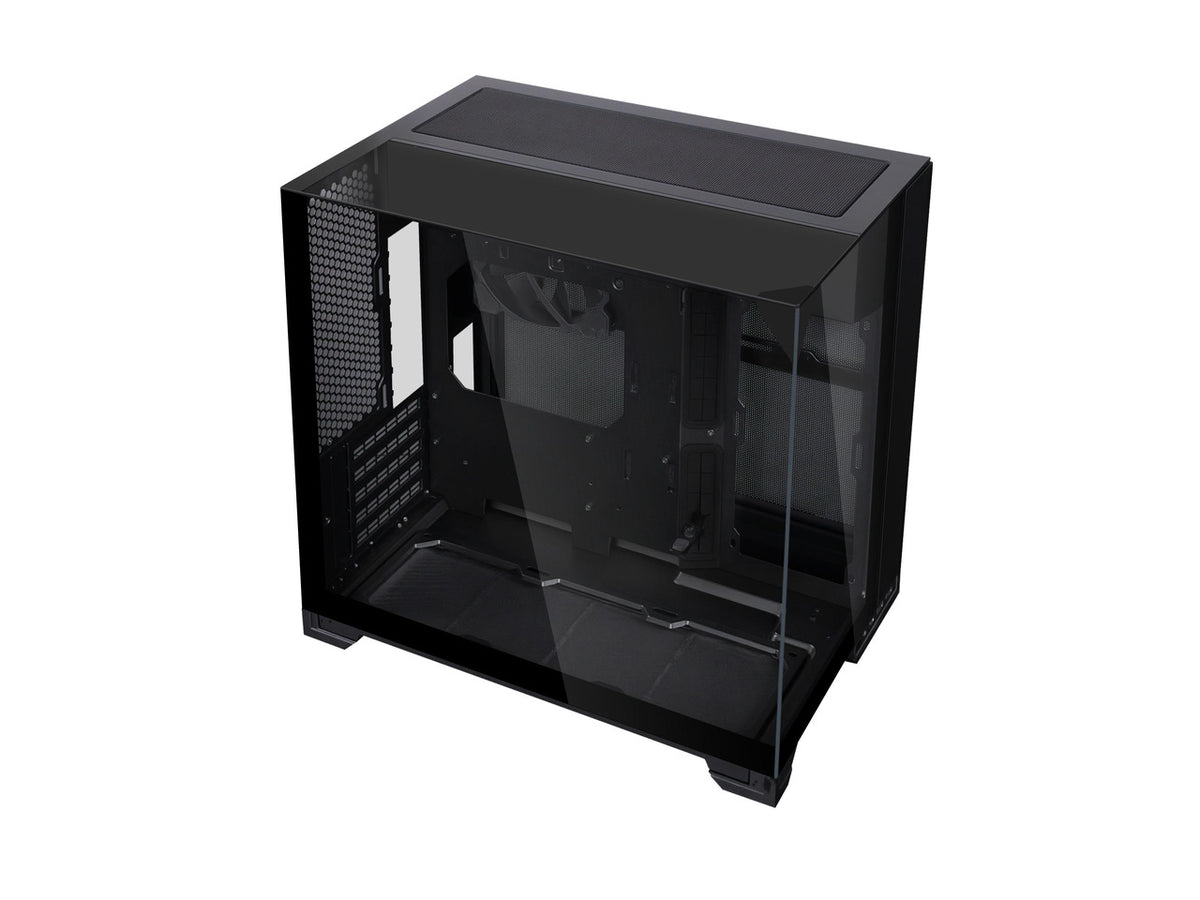 Front view of the black Lian-Li O11 Vision-M PC case with tempered glass panels