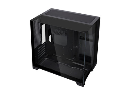 Front view of the black Lian-Li O11 Vision-M PC case with tempered glass panels