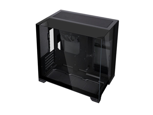 Front view of the black Lian-Li O11 Vision-M PC case with tempered glass panels