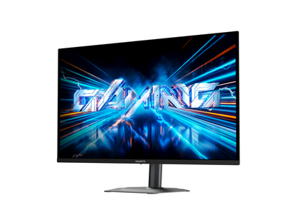 GIGABYTE 27\" QD-OLED monitor side profile highlighting ultra-thin panel and adjustable tilt stand