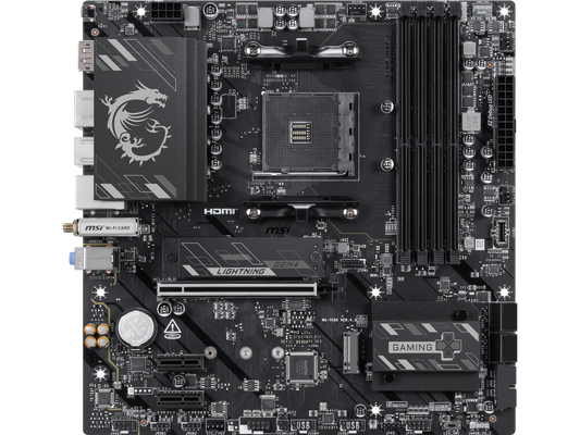Close-up of the rear I/O panel and heatsinks on the MSI B550M GAMING PLUS motherboard