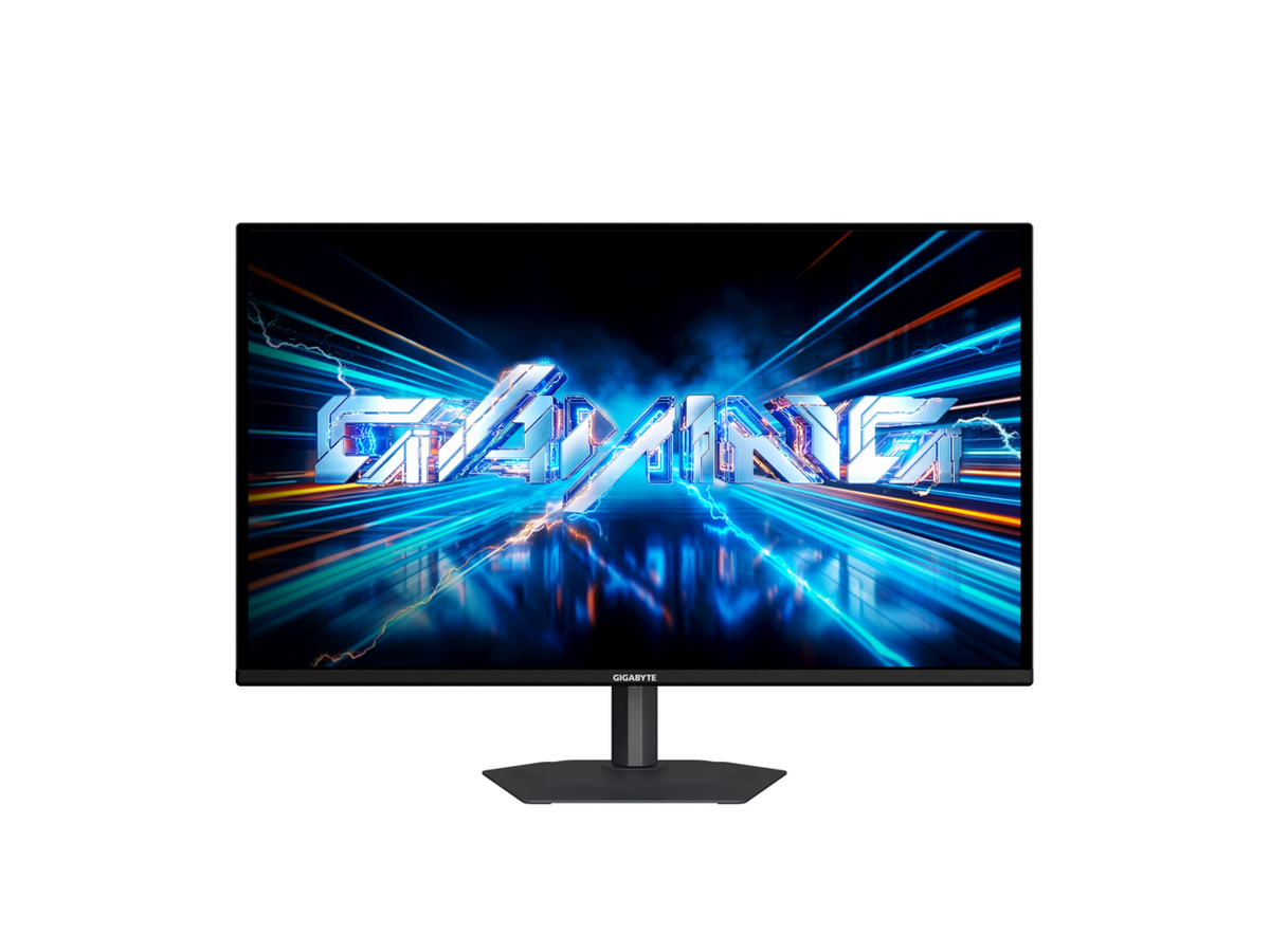 GIGABYTE 27\" QD-OLED monitor angled rear view showing metal stand, slim bezels and cable management