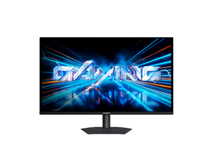 GIGABYTE 27\" QD-OLED monitor angled rear view showing metal stand, slim bezels and cable management