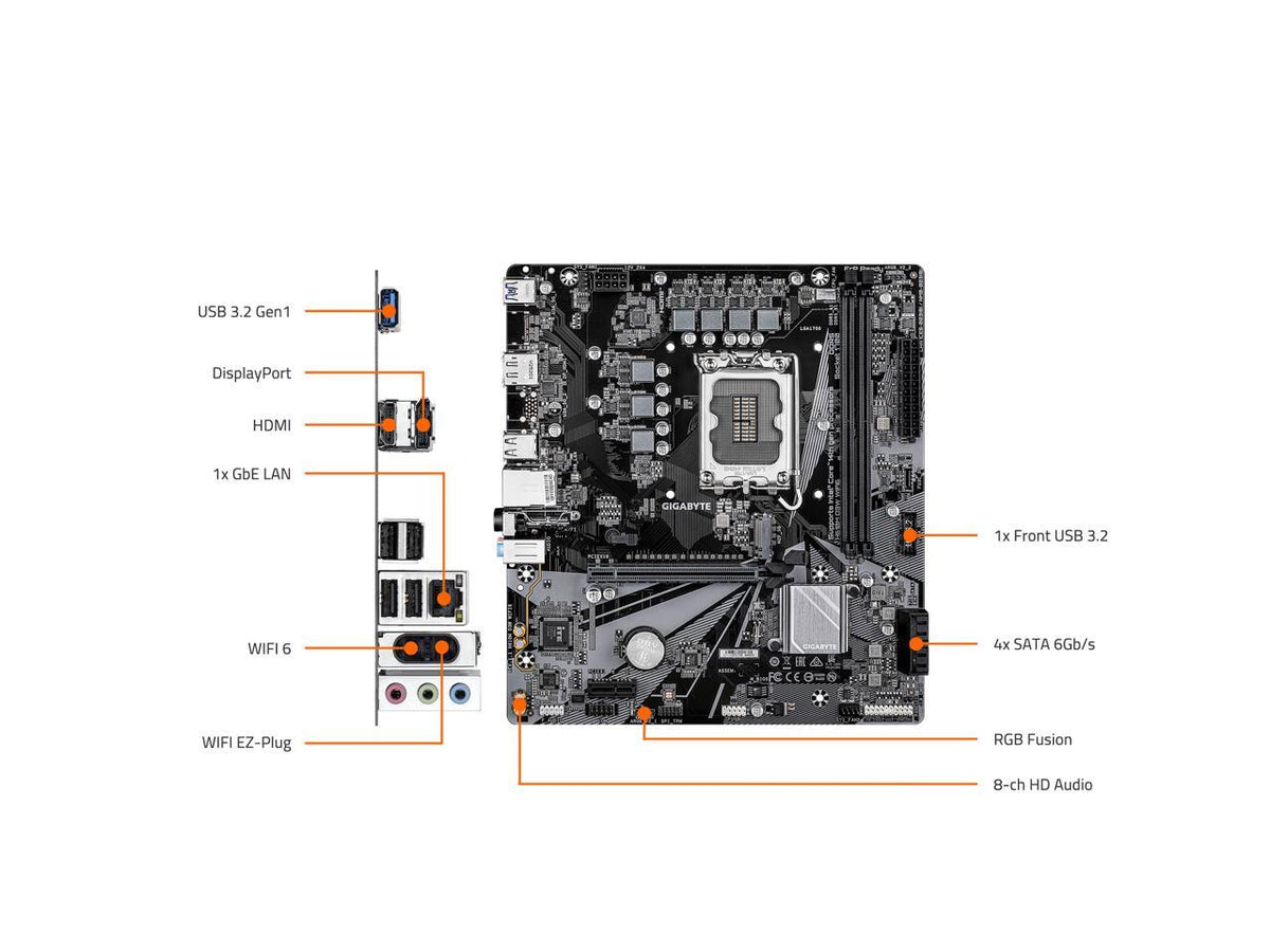 Top-down view of GIGABYTE H610M D3W WIFI6 showing PCIe x16 slot, M.2 slot, VRM heatsink and SATA connectors