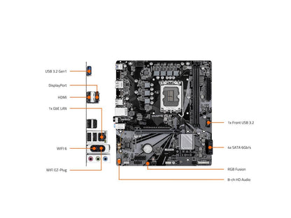 Top-down view of GIGABYTE H610M D3W WIFI6 showing PCIe x16 slot, M.2 slot, VRM heatsink and SATA connectors