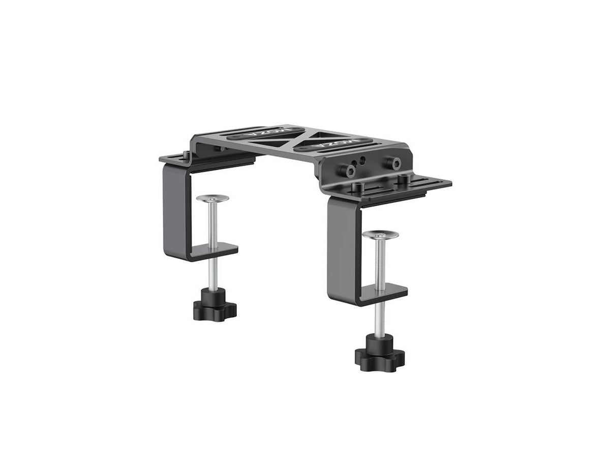 Close up view of the black CNC-machined aluminum MOZA RS12 mounting bracket