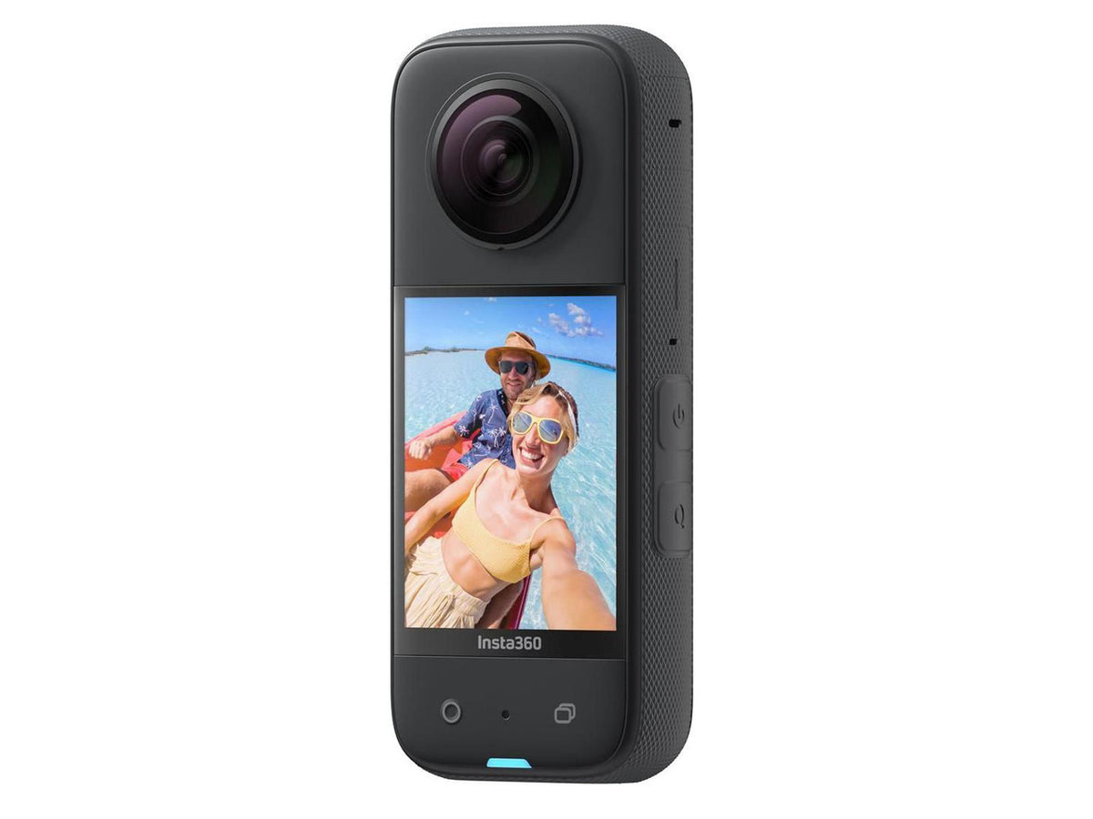 Front view of the black Insta360 X3 360-degree action camera