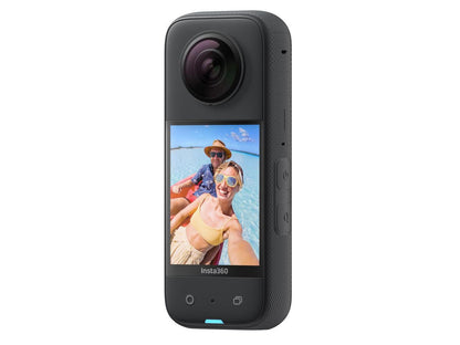 Front view of the black Insta360 X3 360-degree action camera