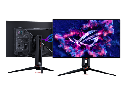 Rear view of ASUS ROG Swift OLED PG32UCWM showing ROG logo, ventilation and adjustable metal stand
