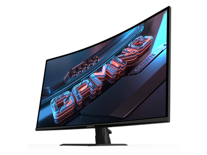 Gigabyte GS32QCA angled right view highlighting curvature and thin profile, 31.5" QHD VA gaming monitor