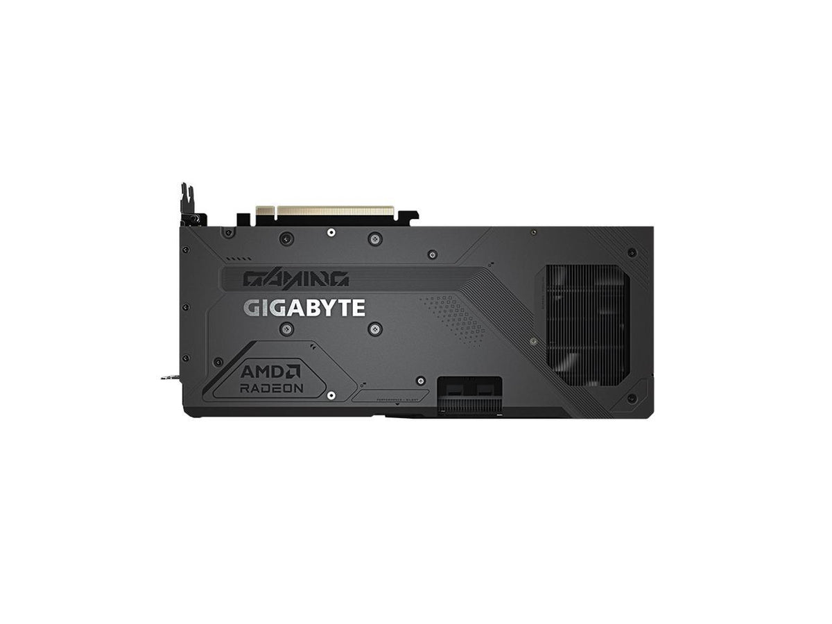 Angled view of GIGABYTE Radeon RX 9070 GRE Gaming OC showing fan shroud, heatpipes and metal backplate