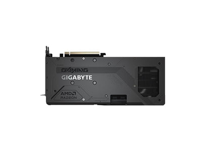 Angled view of GIGABYTE Radeon RX 9070 GRE Gaming OC showing fan shroud, heatpipes and metal backplate
