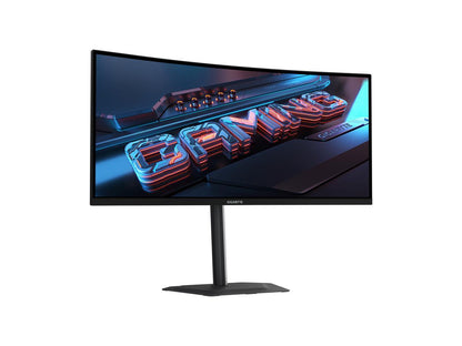 Gigabyte G34WQC2 angled side view showing 34-inch ultrawide curve and slim bezels, gaming monitor 200Hz