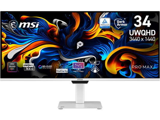 Front view of MSI PRO MAX 341QPXW14G 34-inch OLED QHD 144Hz gaming monitor