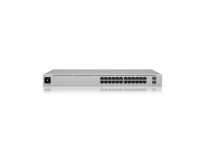 1U rack-mounted UniFi Pro 24 PoE switch installed in an enterprise server cabinet.