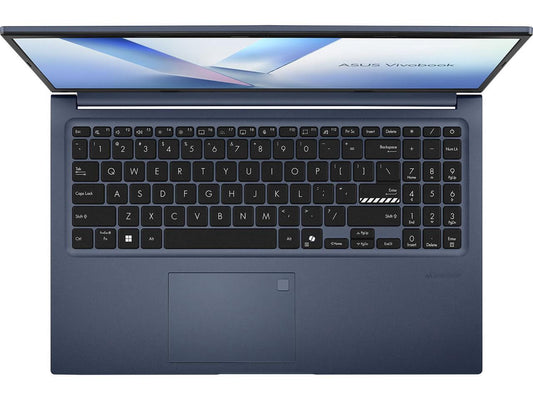 ASUS Vivobook 15 Quiet Blue front-facing open laptop with full-size keyboard and large touchpad, 15.6-inch screen, 16GB RAM