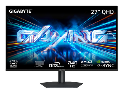 GIGABYTE 27\" QD-OLED QHD gaming monitor front view with vivid colors, 240Hz refresh and 0.03ms response