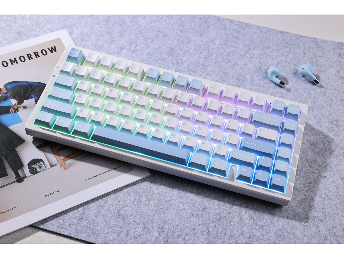 MCHOSE G75 Pro keyboard tilted to show the Blue/Cabbage Tofu finish