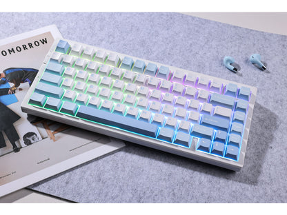 MCHOSE G75 Pro keyboard tilted to show the Blue/Cabbage Tofu finish