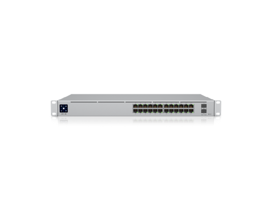Ubiquiti UniFi Pro 24 PoE front view showing 24 Gigabit ports and 10G SFP+ uplinks
