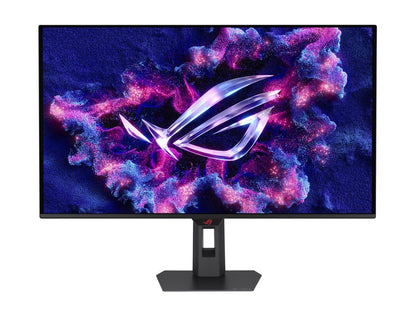 Rear view ASUS ROG Strix OLED 32-inch 4K monitor showing ROG logo, ports and textured back panel