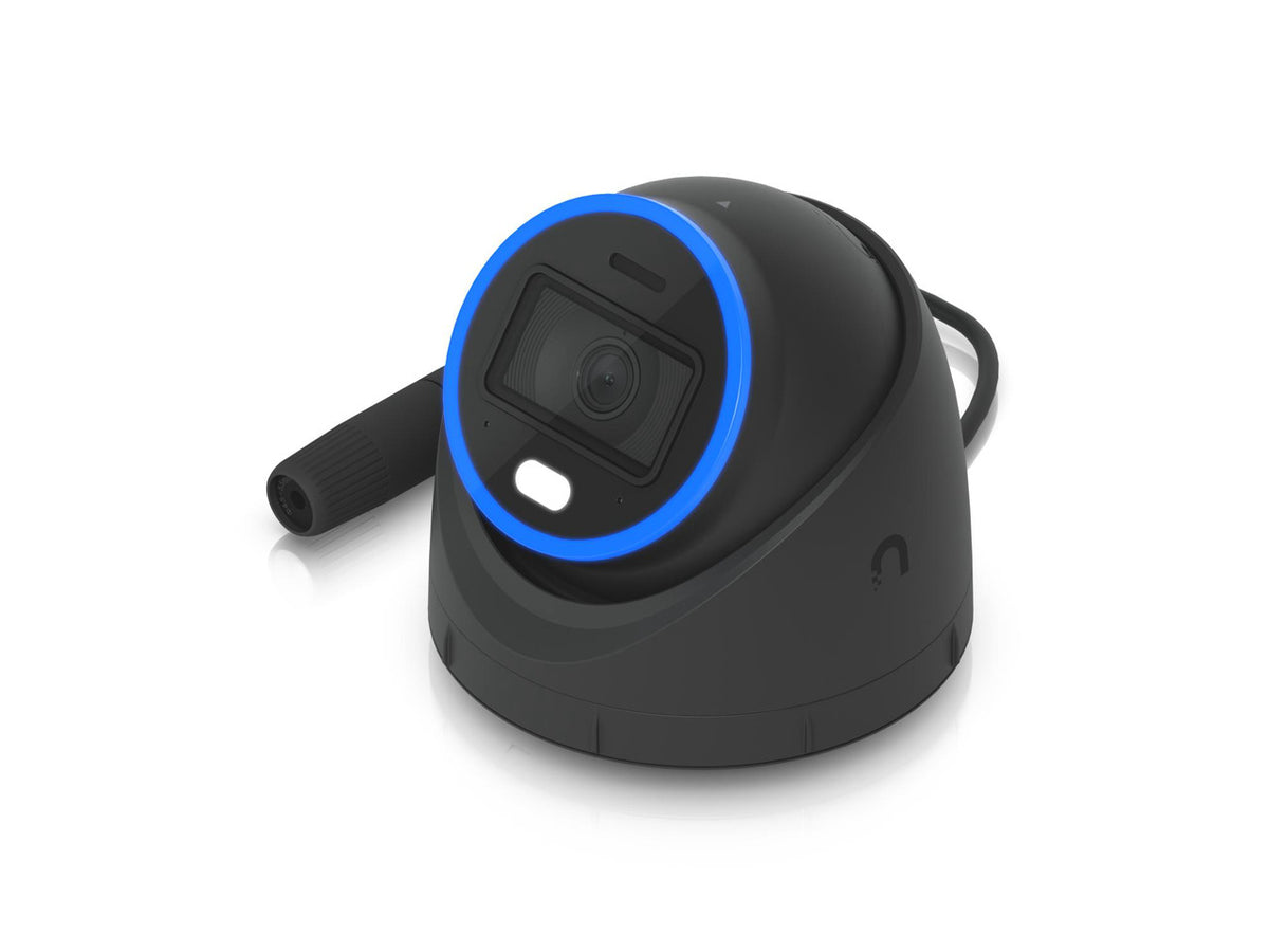 Close up view of the black vandal-proof Ubiquiti AI turret camera