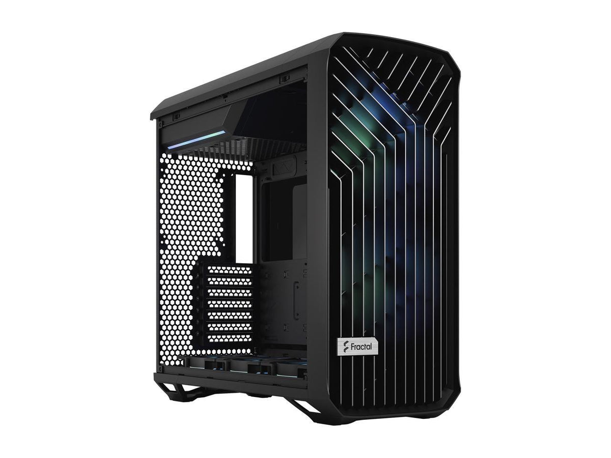 Angled view of Fractal Design Torrent RGB Black mid-tower with RGB lighting