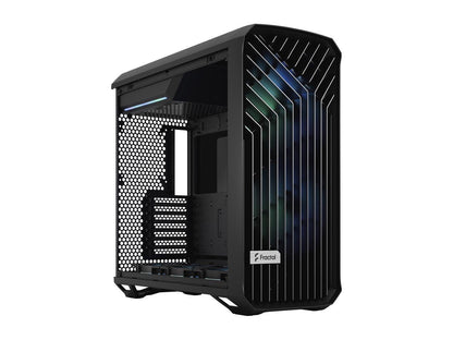 Angled view of Fractal Design Torrent RGB Black mid-tower with RGB lighting