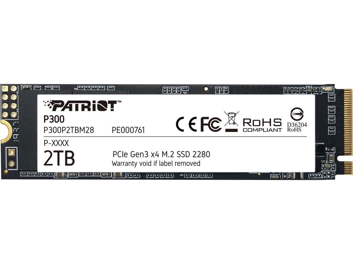 Patriot P300 2TB M.2 2280 PCIe Gen3 x4 NVMe SSD with model label and gold edge connector