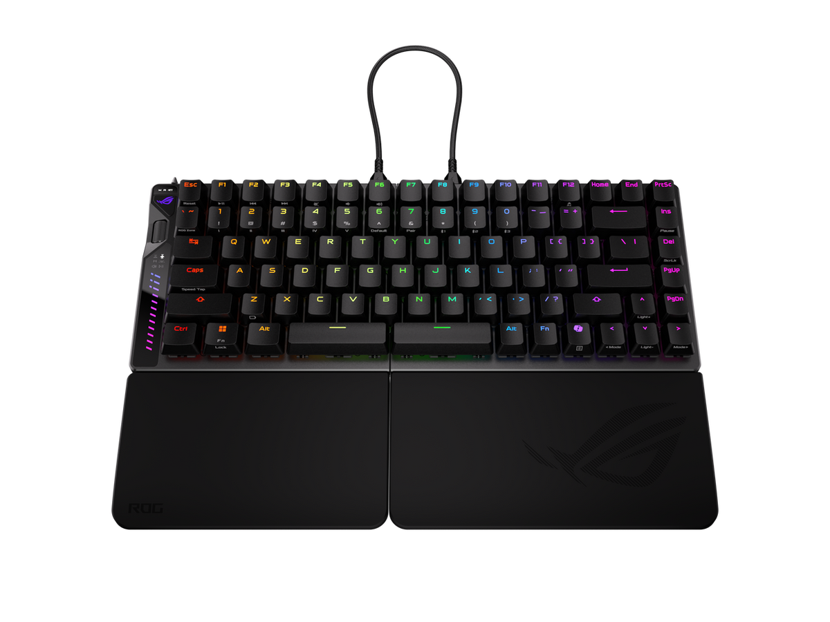 Close-up perspective of the magnetic Hall Effect switches on the ROG Falcata keyboard