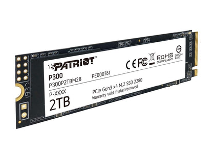 Top view of Patriot P300 2TB NVMe SSD showing branding and capacity labels
