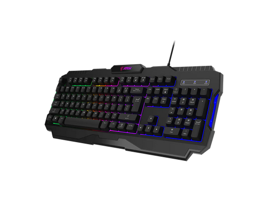 Angled perspective of MSI FORGE GK100 R gaming keyboard showing key layout and design