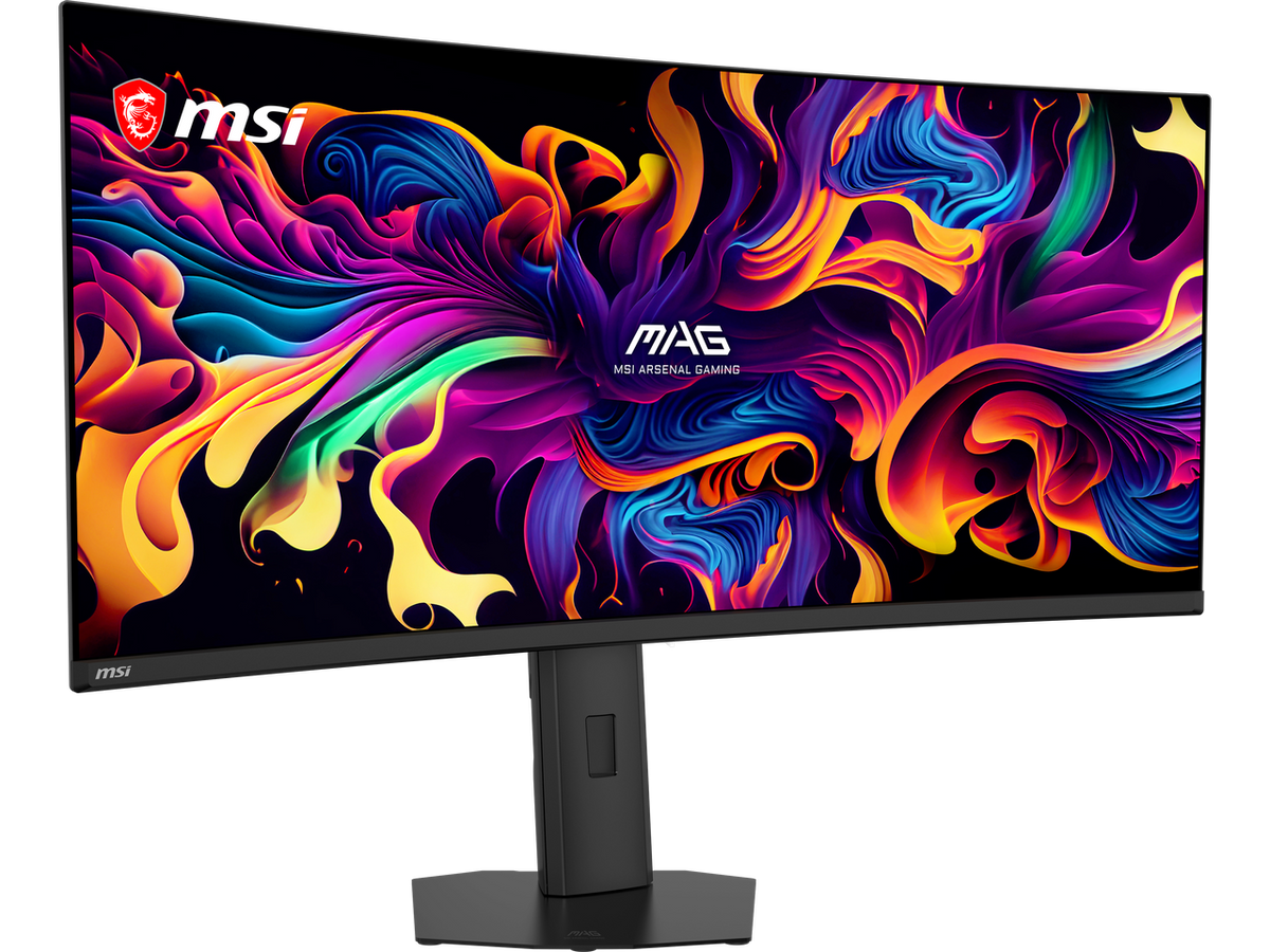Rear profile of MSI MAG 341CQP showing connectivity ports and stand