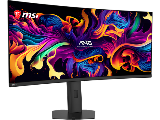 Rear profile of MSI MAG 341CQP showing connectivity ports and stand