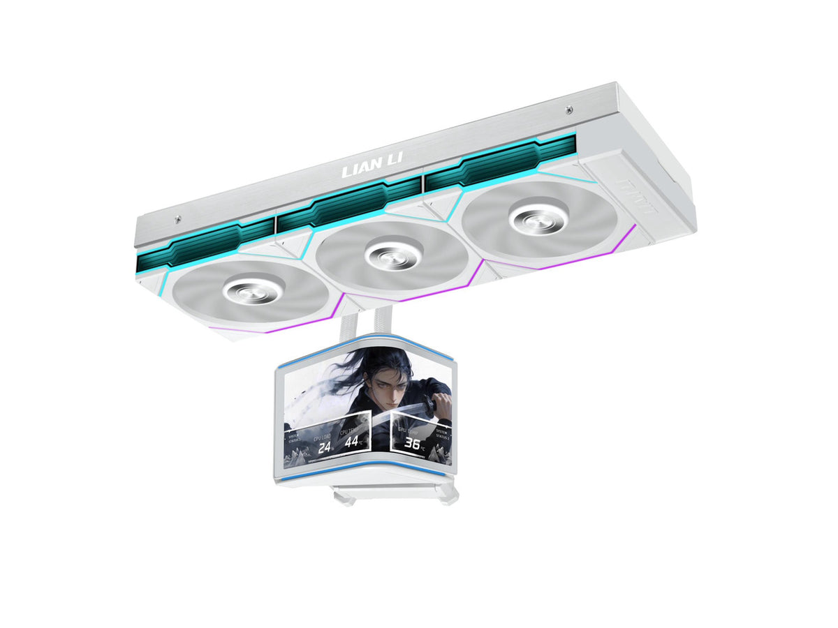 Front angle view of the Lian Li HydroShift II 360mm White AIO cooler with curved OLED screen