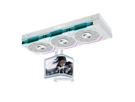 Front angle view of the Lian Li HydroShift II 360mm White AIO cooler with curved OLED screen