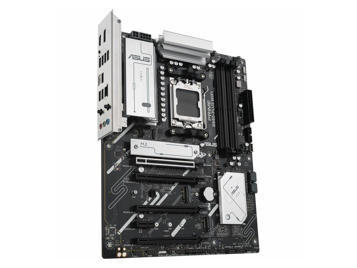 Close-up of ASUS PRIME B840-PLUS WIFI-CSM CPU socket area and VRM heatsinks highlighting power delivery