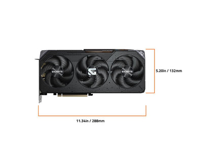 Side profile showing PCIe connector, dual 8-pin power inputs and triple-slot design on GIGABYTE RX 9070 GRE