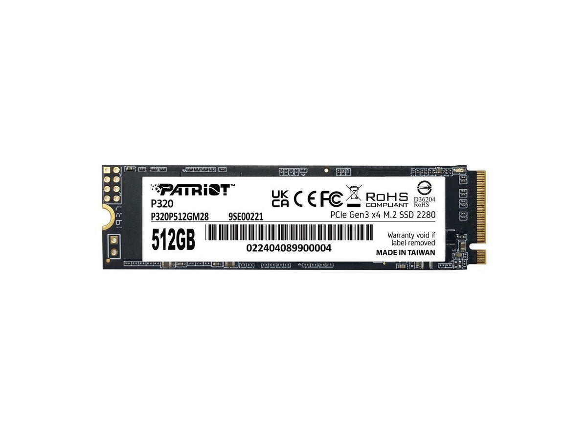 Patriot P320 512GB M.2 PCIe Gen3 NVMe SSD front label, compact module with specs up to 3000MB/s read 2200MB/s write