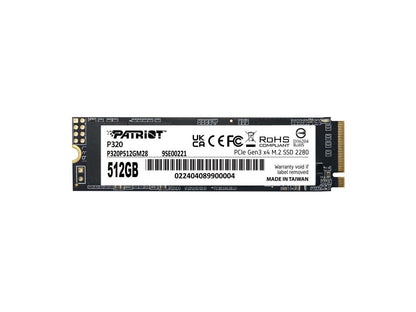 Patriot P320 512GB M.2 PCIe Gen3 NVMe SSD front label, compact module with specs up to 3000MB/s read 2200MB/s write