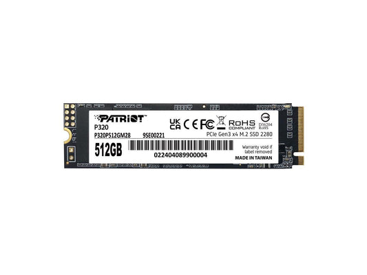 Patriot P320 512GB M.2 NVMe SSD front label showing Patriot Memory logo, capacity and PCIe Gen3 marking