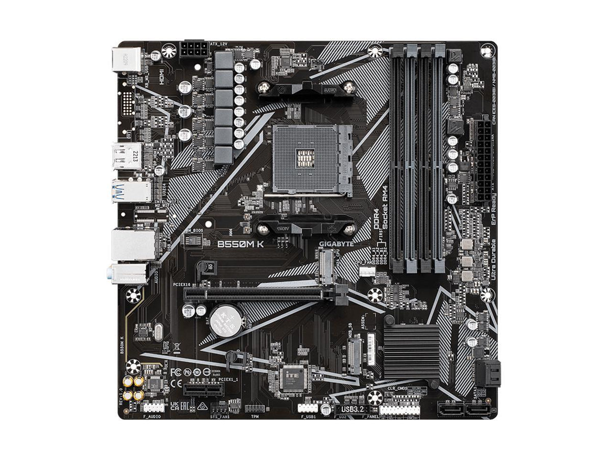 Top-down AMD B550M K Micro-ATX motherboard showing DIMM slots, SATA ports, CPU socket and PCIe x16 for Ryzen 5000 builds