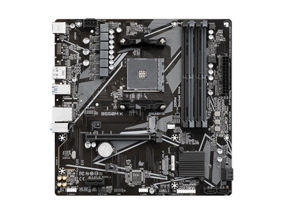 Top-down AMD B550M K Micro-ATX motherboard showing DIMM slots, SATA ports, CPU socket and PCIe x16 for Ryzen 5000 builds