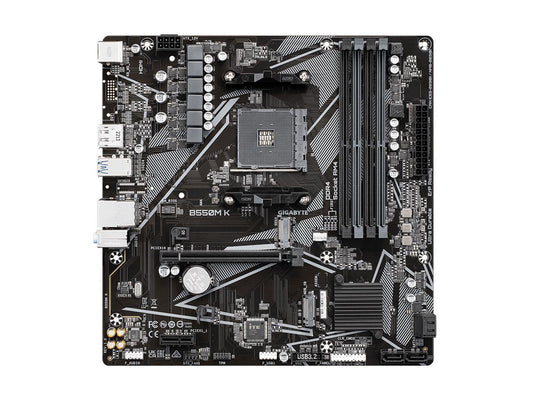 Top-down AMD B550M K Micro-ATX motherboard showing DIMM slots, SATA ports, CPU socket and PCIe x16 for Ryzen 5000 builds