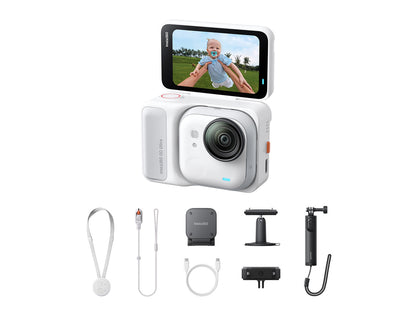 Insta360 GO Ultra Creator Bundle camera unit with essential vlogging accessories on flat surface