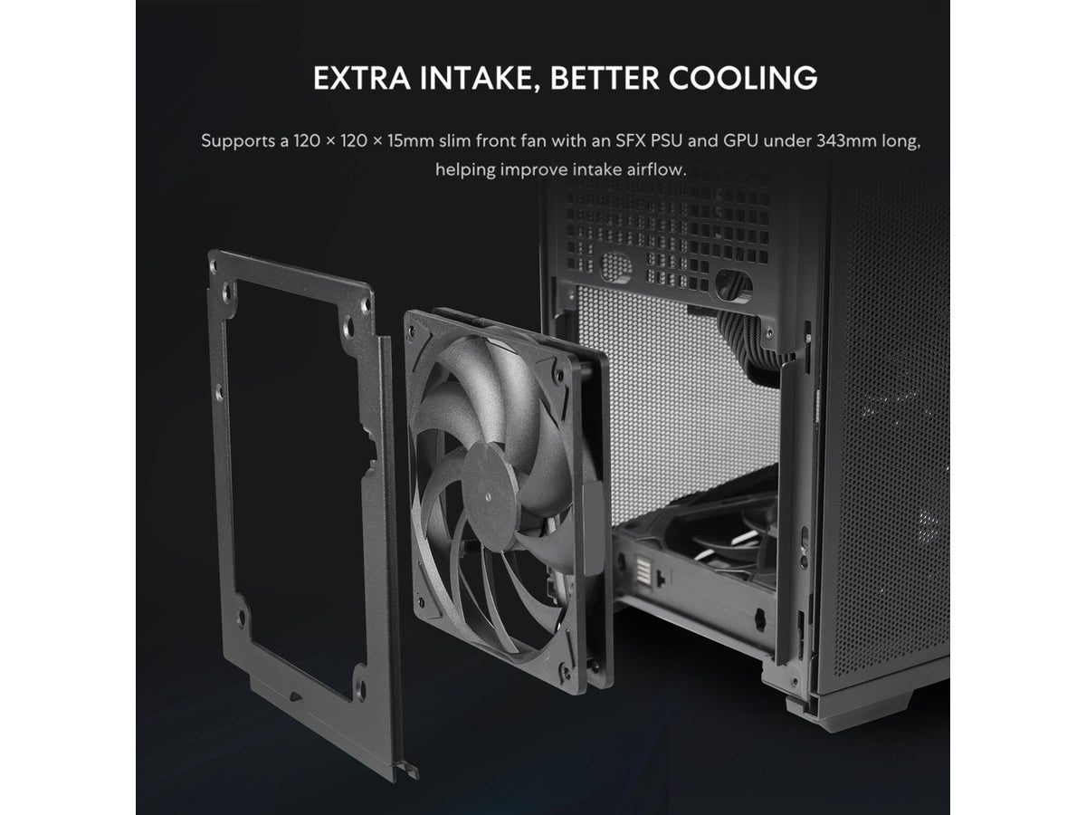 Rear view of the B4-mATX chassis highlighting slim fan placement