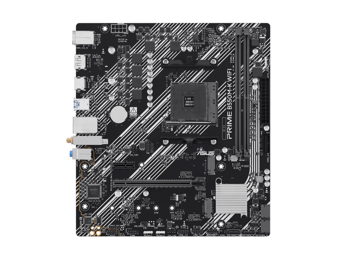 Top view of ASUS Prime B550M-K WiFi motherboard showing AM4 socket and chipset